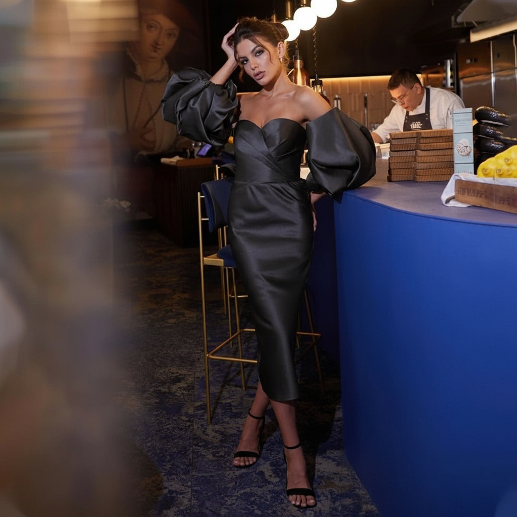 Dark Blue Satin Cocktail Dress – Off-Shoulder Midi Gown with Puff Sleeves