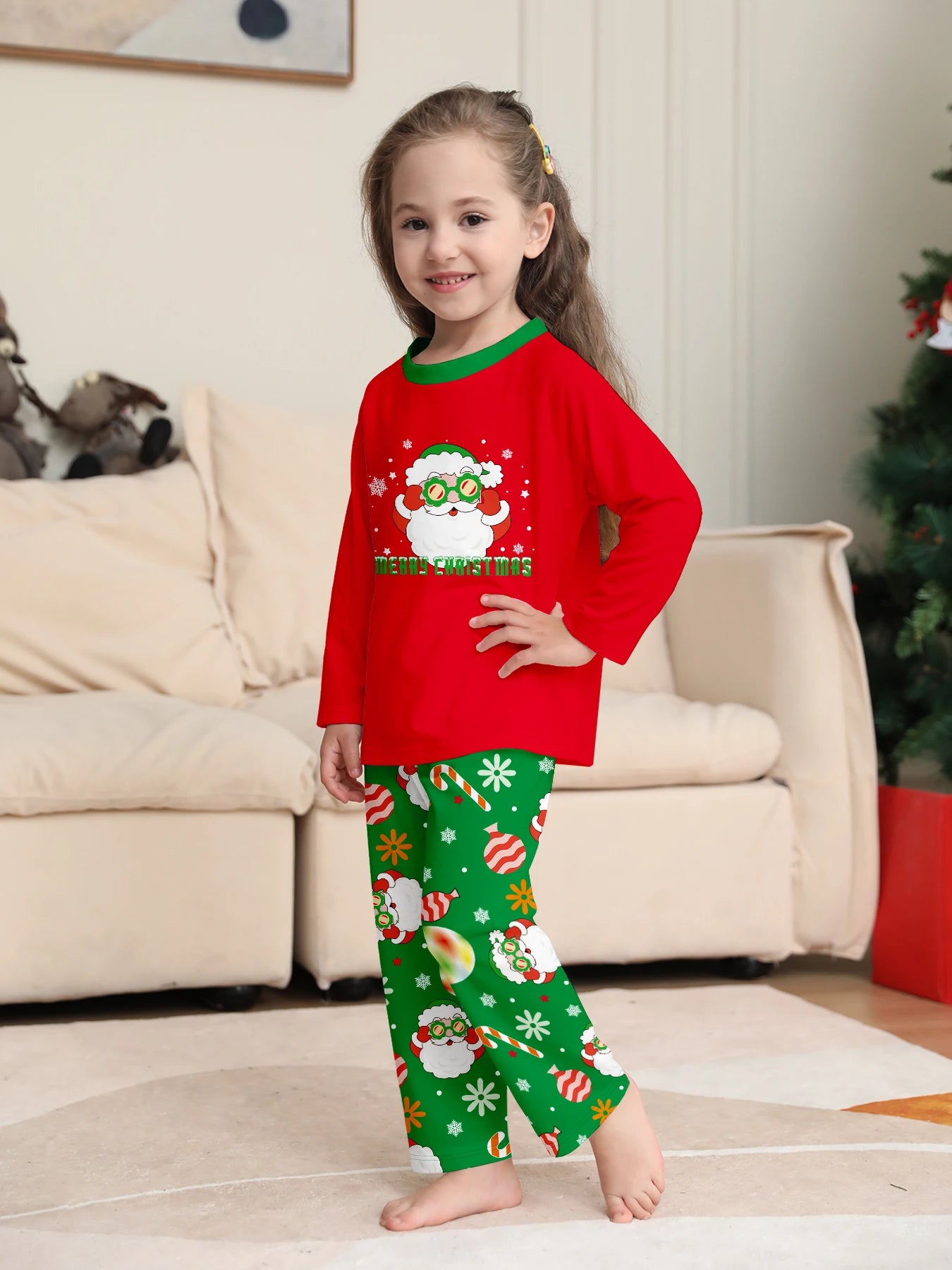 Family Matching Xmas Sleepwear Set – Red Santa Tops & Green Printed Bottoms