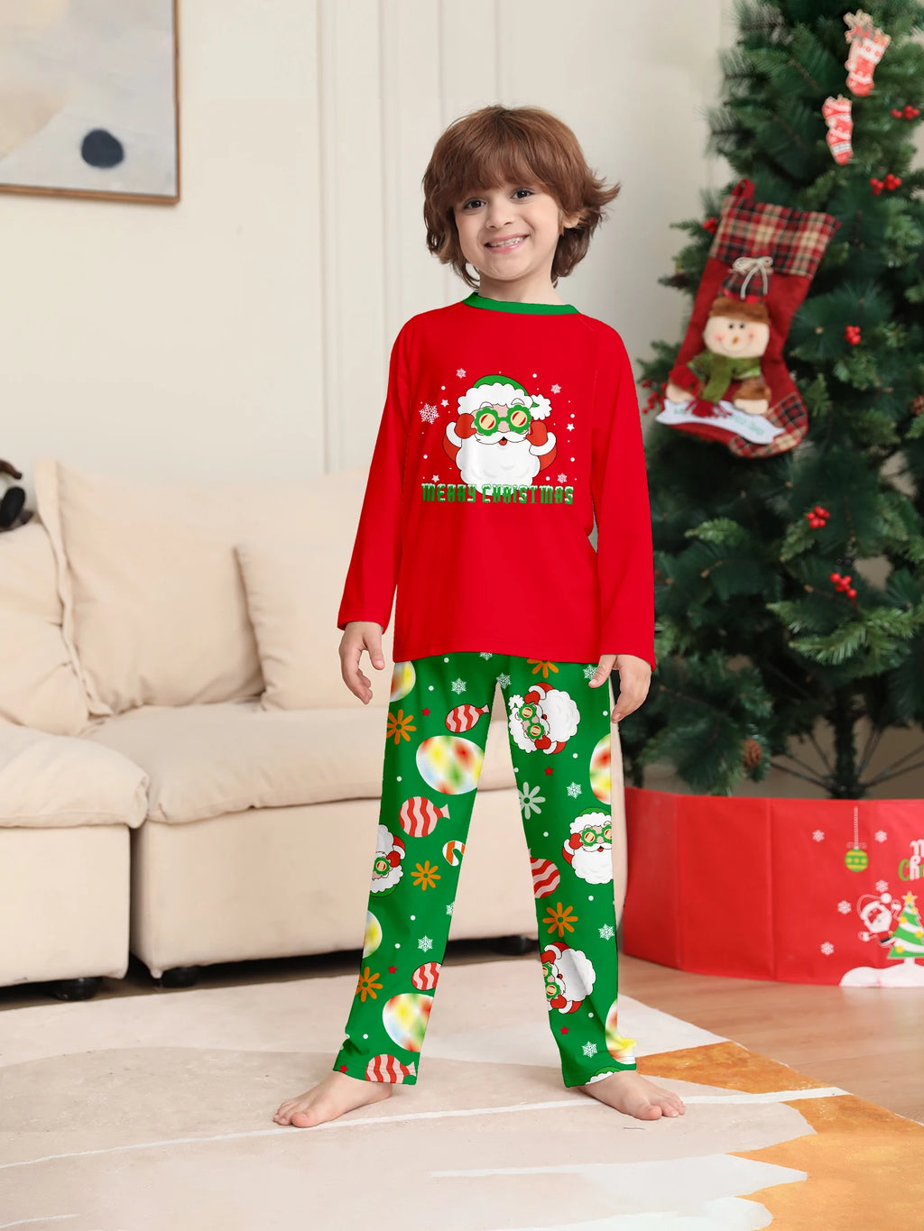 Family Matching Xmas Sleepwear Set – Red Santa Tops & Green Printed Bottoms