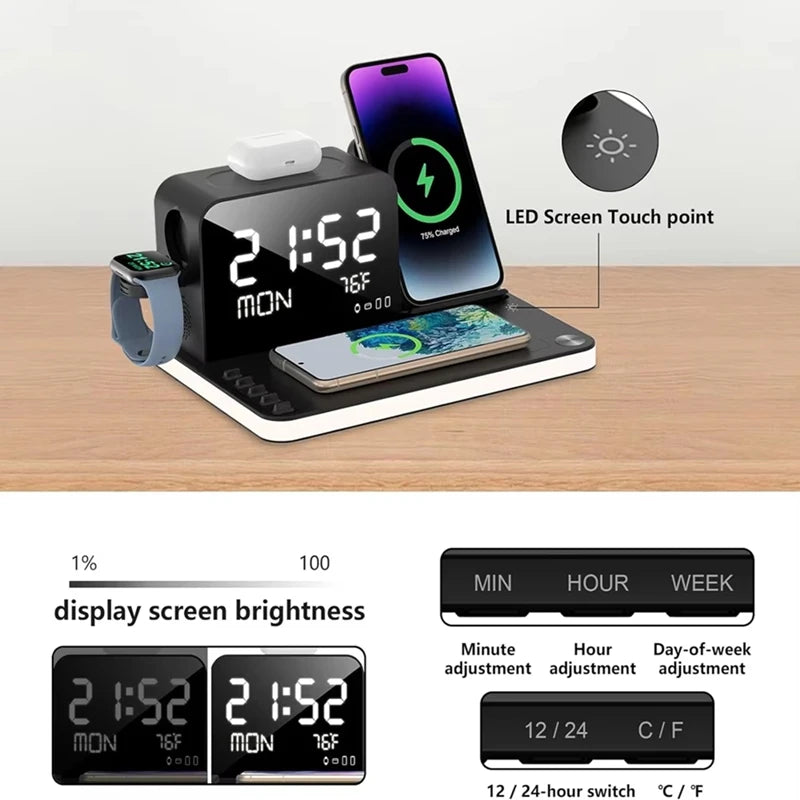 7-in-1 Wireless Charging Station with Clock & Night Lights – Fast Charger Stand for Smartphones & Watches