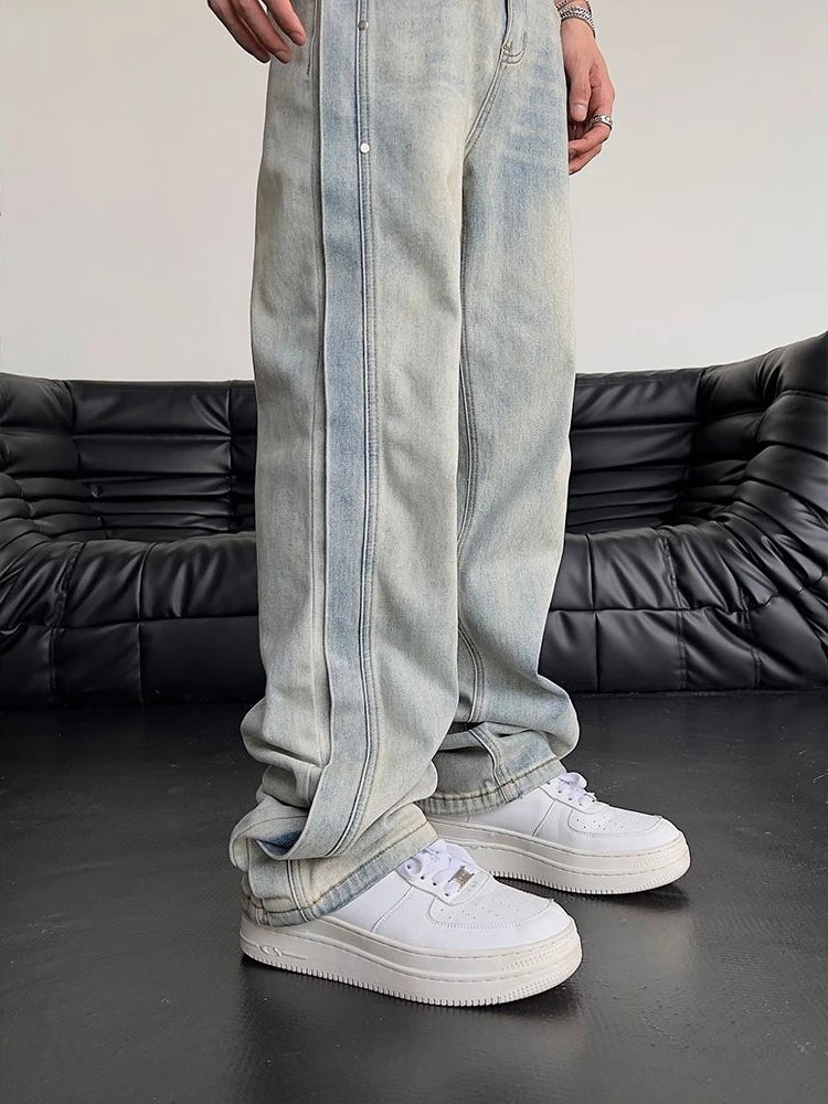 Men’s Baggy Light Blue Jeans – Y2K Vintage Spliced Straight-Leg Pants
