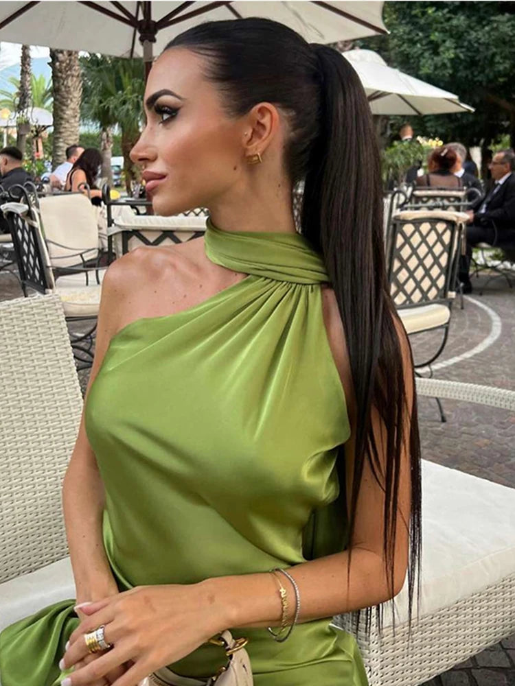 Sexy Satin Ribbon Halter Party Dress – Backless & Off-Shoulder