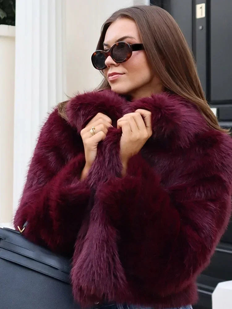 Burgundy Faux Fur Coat – Vintage Long Sleeve Warm Women’s Jacket