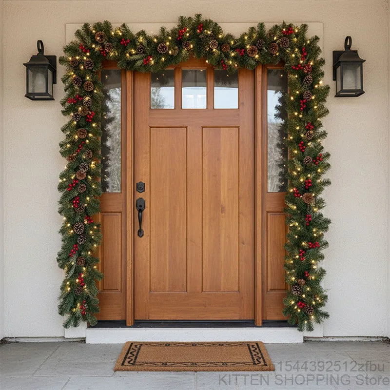 2.7M Pre-Lit Christmas Garland with Pinecones & Red Berries – Holiday Glow Decoration