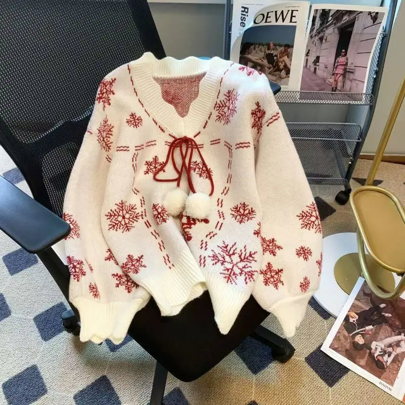 Women's Snowflake V-Neck Christmas Sweater with Bow – Winter Knit Pullover