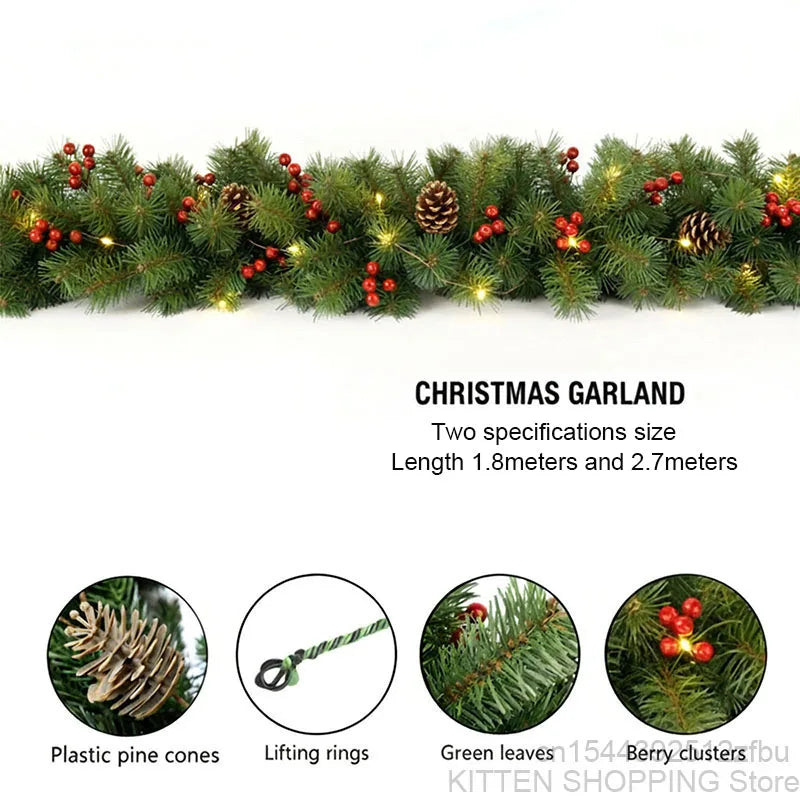 2.7M Pre-Lit Christmas Garland with Pinecones & Red Berries – Holiday Glow Decoration