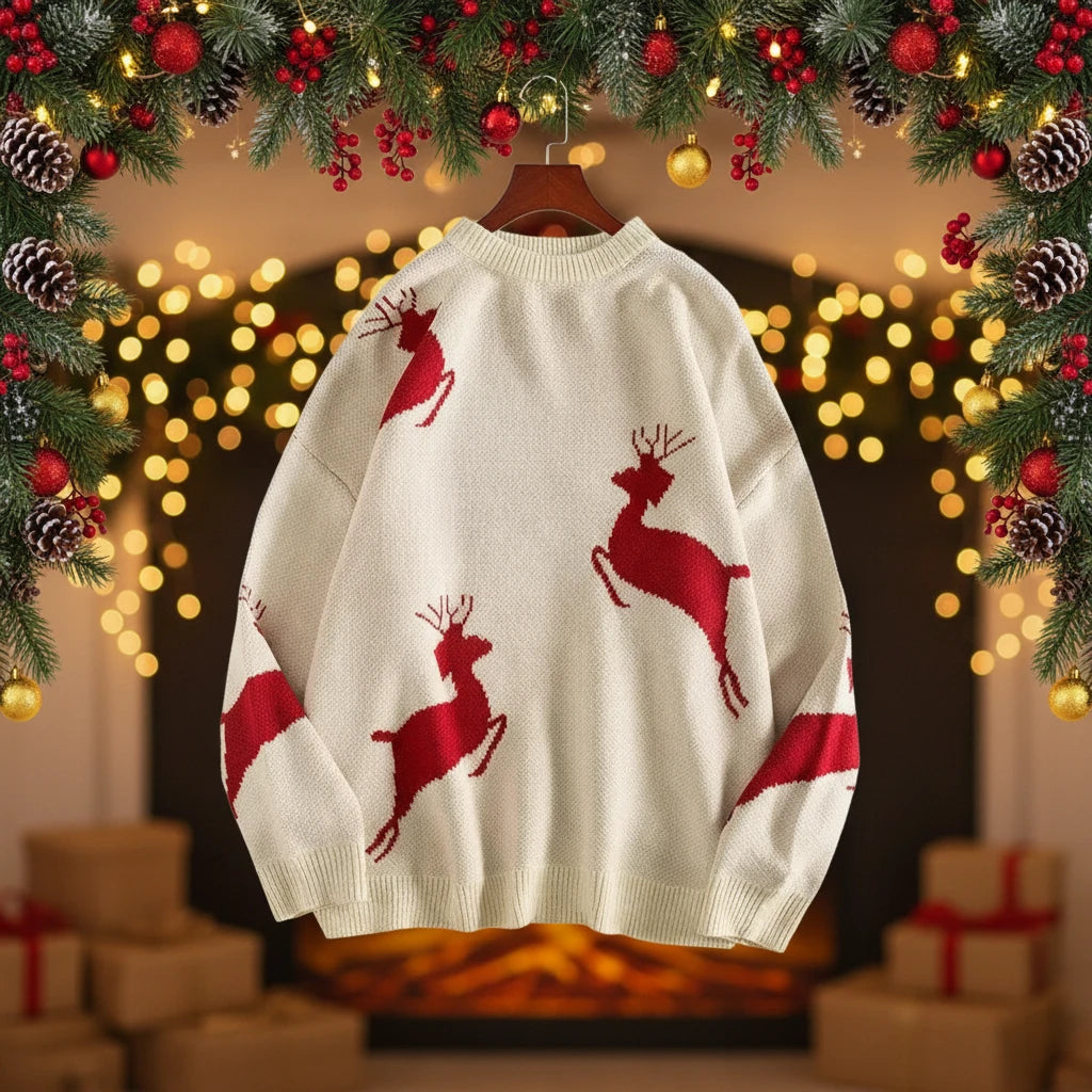 Cozy Unisex Christmas Reindeer Sweater – Oversized Holiday Pullover