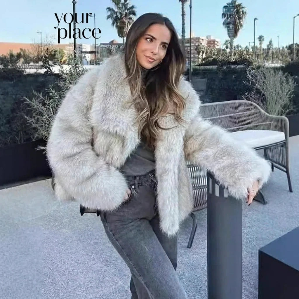 2025 Women’s Faux Fox Fur Jacket – Loose Long Sleeve Autumn/Winter Coat