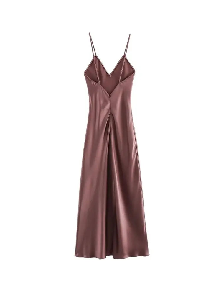 Women's Satin Midi Dress – V-Neck Backless Dress with Thin Straps