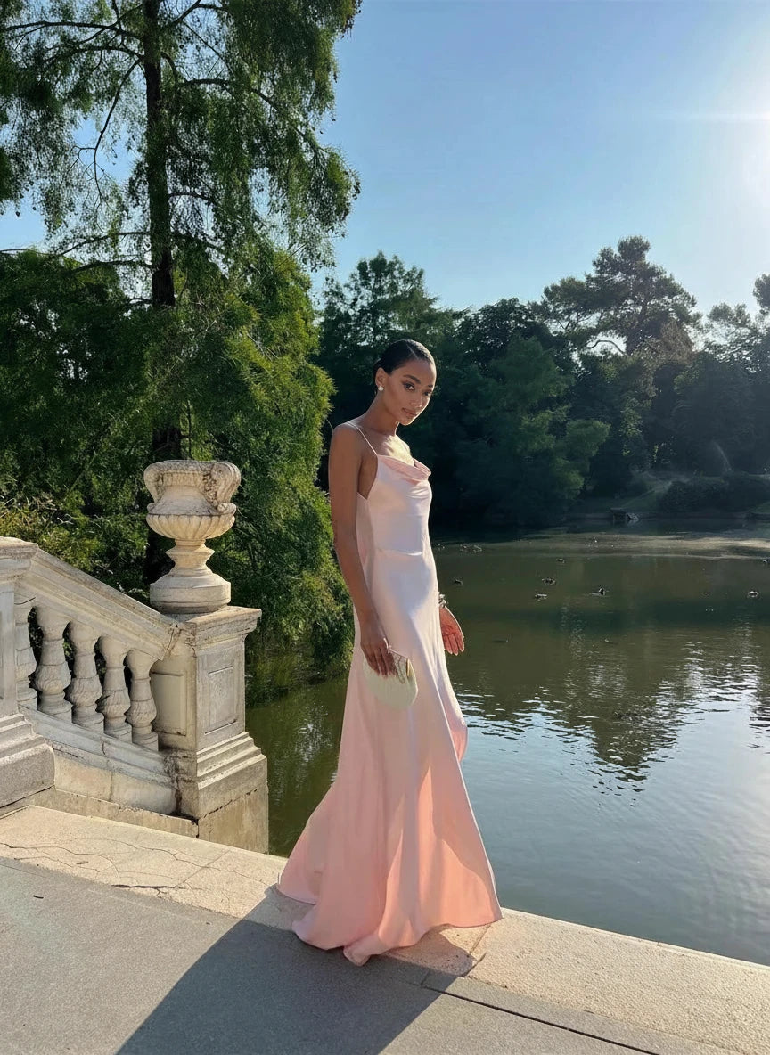 Customized Luxury Pink Satin Evening Dress – Sleeveless & Backless Gown