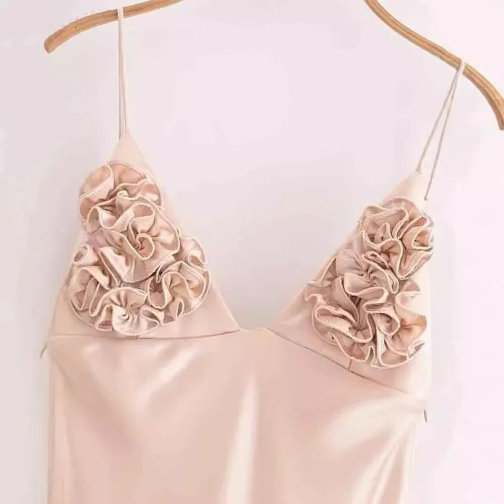 Elegant Satin Ruched Backless Midi Dress – 2025 Summer Party Fashion