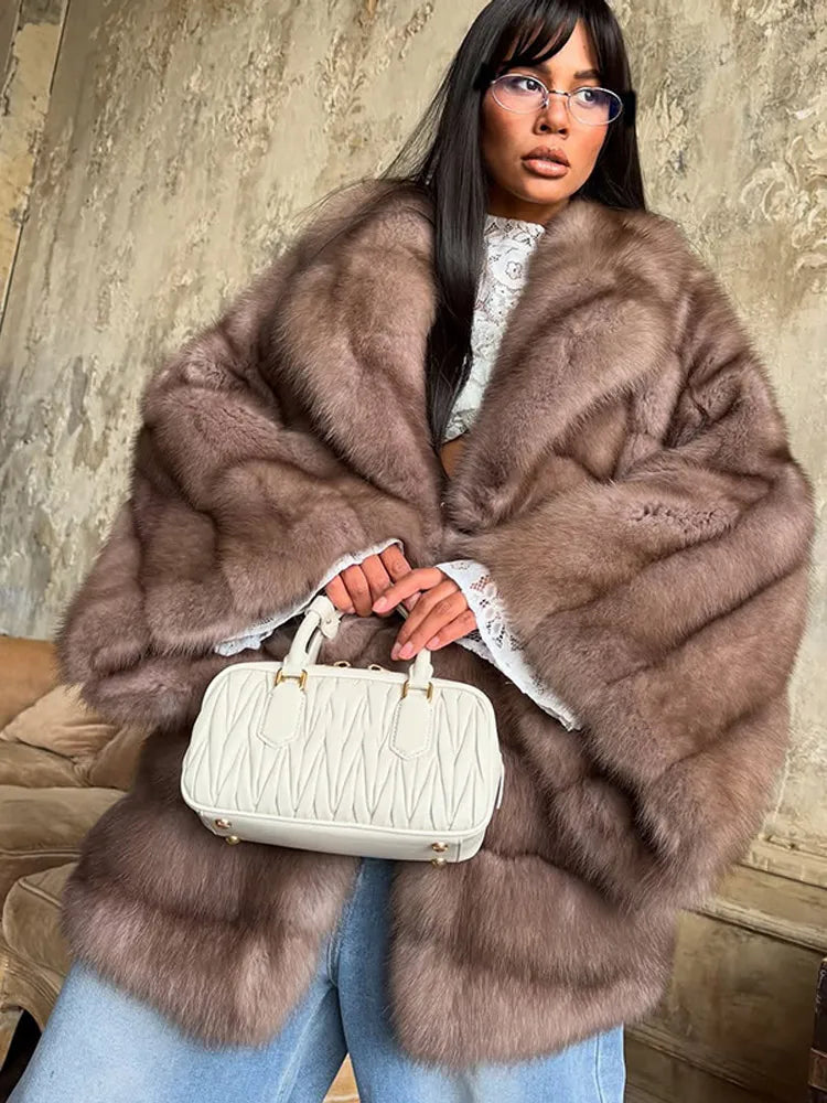 Elegant Plush Faux Fur Coat for Women – V-Neck Warm Street Outerwear