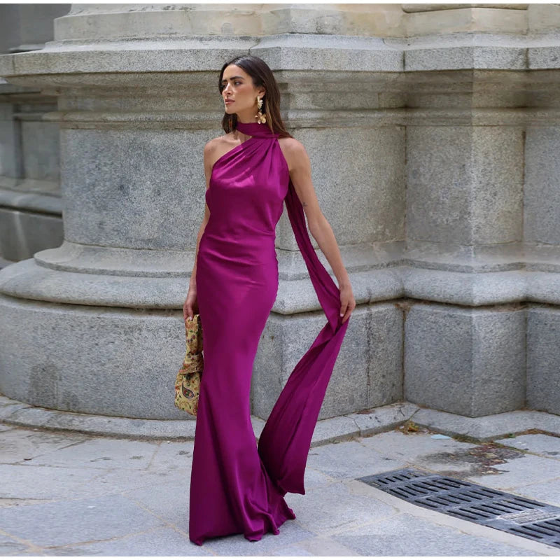 Sexy Satin Ribbon Halter Party Dress – Backless & Off-Shoulder