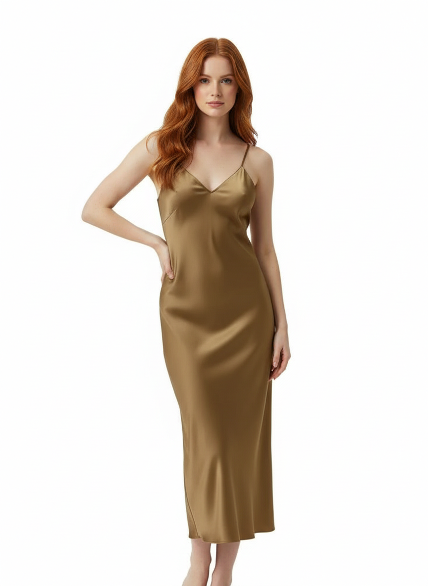 Women's Satin Midi Dress – V-Neck Backless Dress with Thin Straps