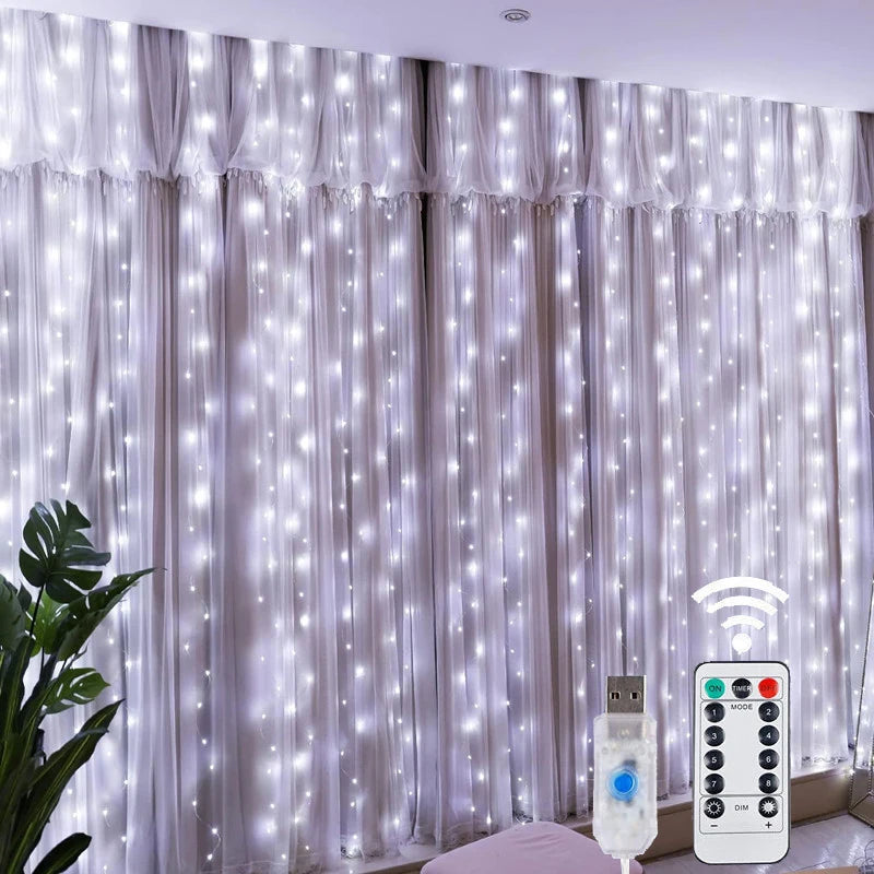 LED Christmas Fairy String Curtain Lights – 8 Modes USB Remote Holiday Decor for Home