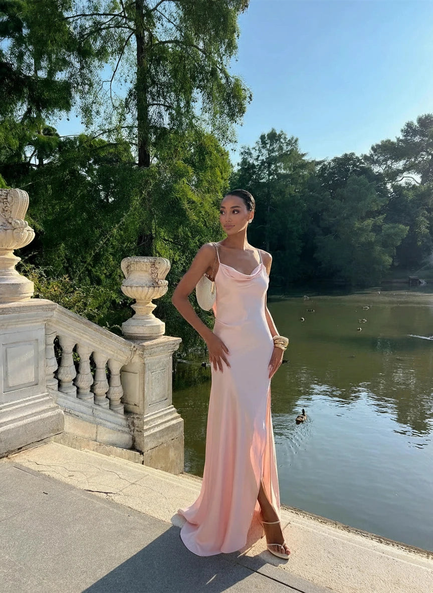 Customized Luxury Pink Satin Evening Dress – Sleeveless & Backless Gown