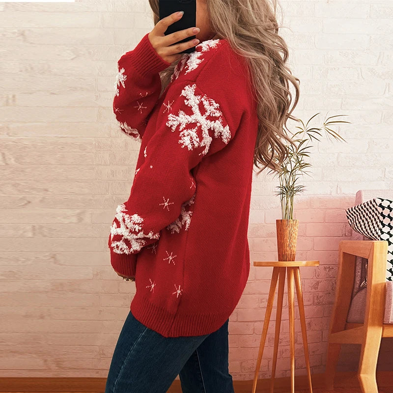 Women's Snowflake Christmas Sweater – Cozy Knit Pullover with Holiday Print