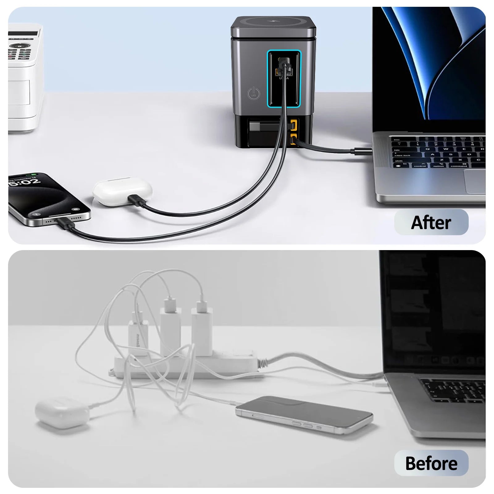105W Charging Station with Retractable USB-C Cable & Power Combo USB-C Power Strip – Wireless 15W Charging for Multiple Devices