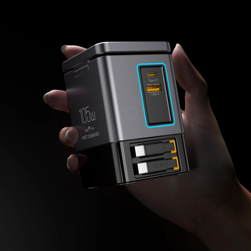 105W Charging Station with Retractable USB-C Cable & Power Combo USB-C Power Strip – Wireless 15W Charging for Multiple Devices