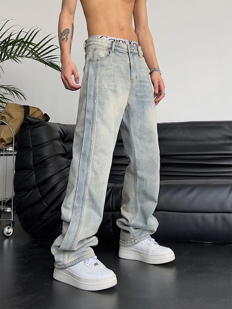 Men’s Baggy Light Blue Jeans – Y2K Vintage Spliced Straight-Leg Pants