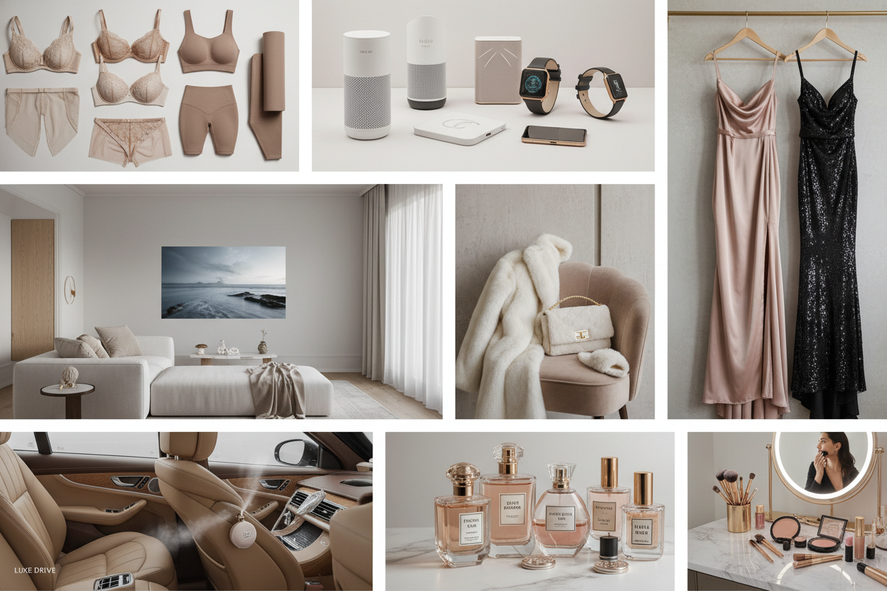 A modern, luxurious lifestyle collage featuring women's lingerie, fitness gear, home projector setup, smart gadgets, faux fur fashion, elegant evening gowns, perfume bottles, car interior with fragrance diffuser, and a stylish makeup vanity. Soft natural lighting, neutral tones, aesthetic flat lay or mood board style. Clean, high-end, editorial look. For an online fashion & lifestyle store targeting USA/Canada market