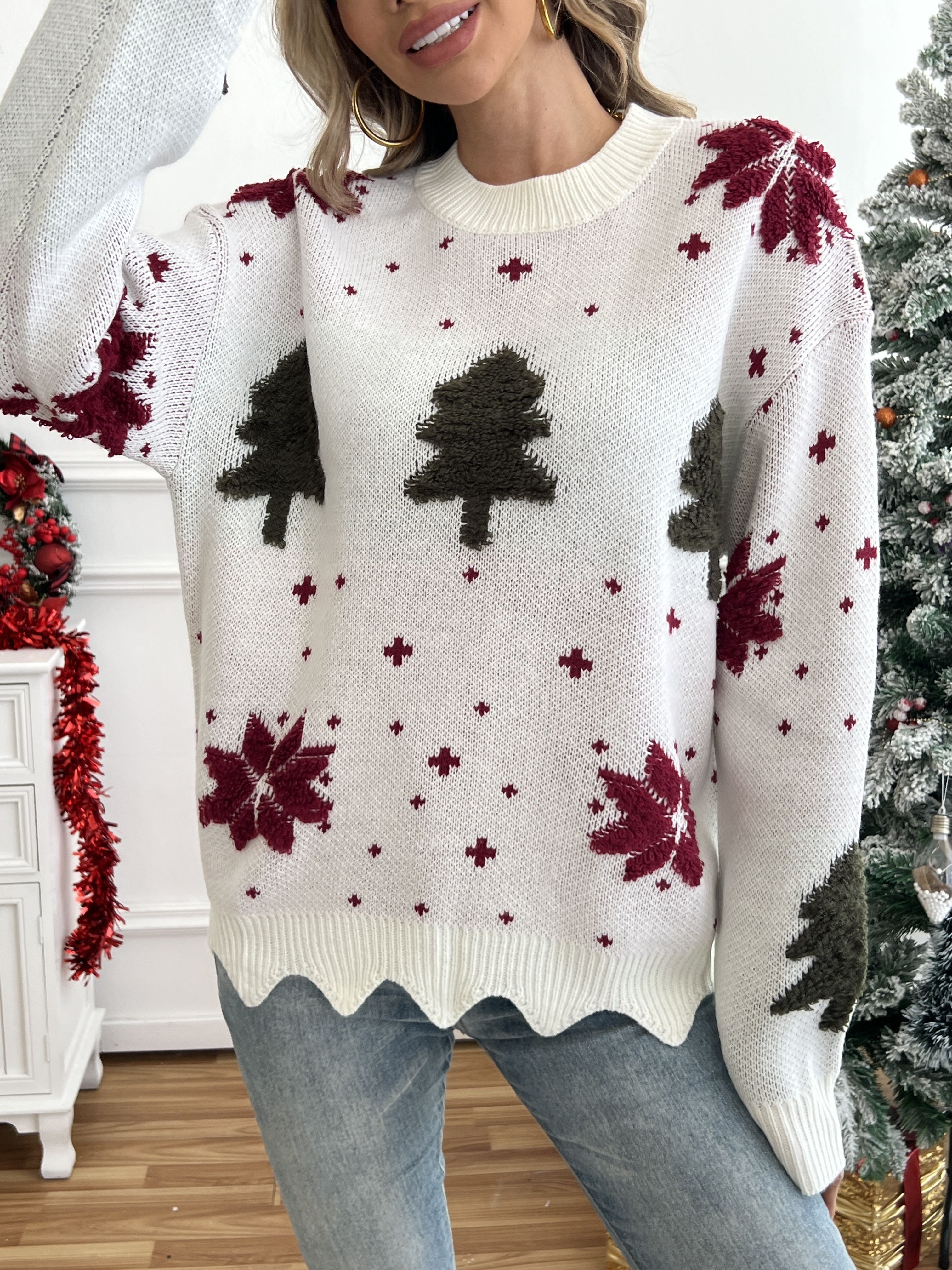 Festive Women’s Christmas Sweater – Soft Long Sleeve Knit Pullover with Scalloped Trim