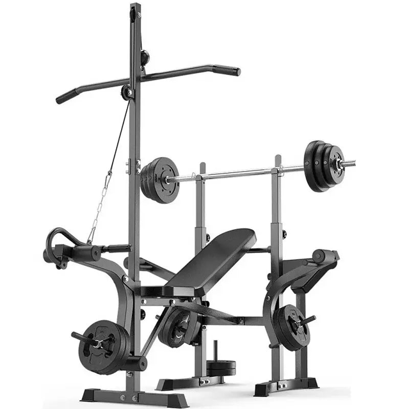 Adjustable weight bench with squat rack for home gym use, designed for strength training, bench presses, and squats.