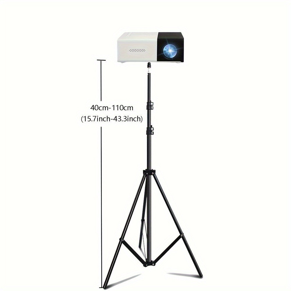Adjustable projector tripod stand with aluminum alloy frame, 43 to 82 inch height range, and 1/4 inch universal gimbal mount.  