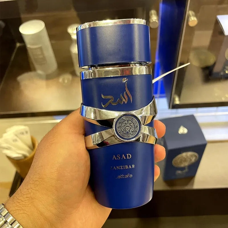 Asad by Lattafa unisex eau de parfum spray in 3.4 oz (100 ml) bottle with elegant design