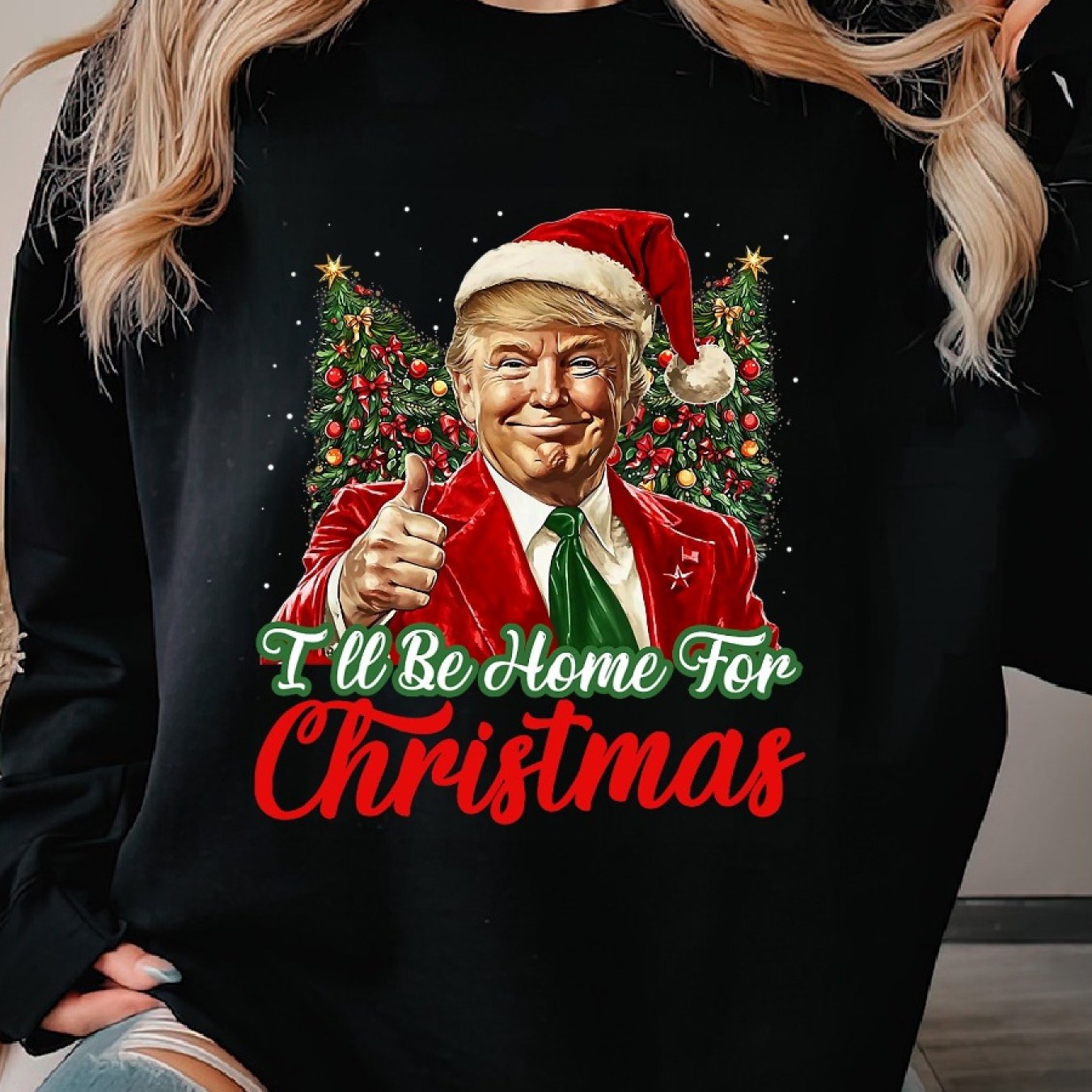 Women’s Cozy Christmas Sweater "I’ll Be Home For Christmas" Trump– Casual Crew Neck Pullover