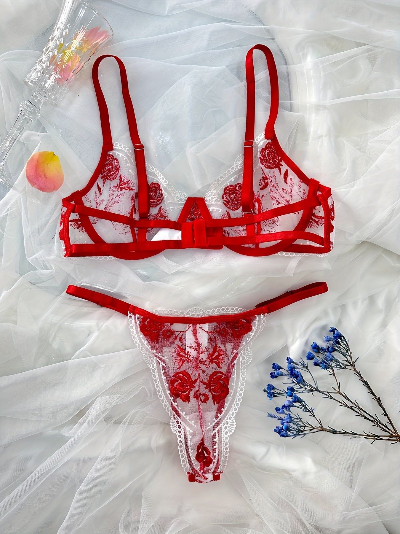 Sexy Floral Embroidered Lingerie Set – Mesh Color-Blocked Underwire Design