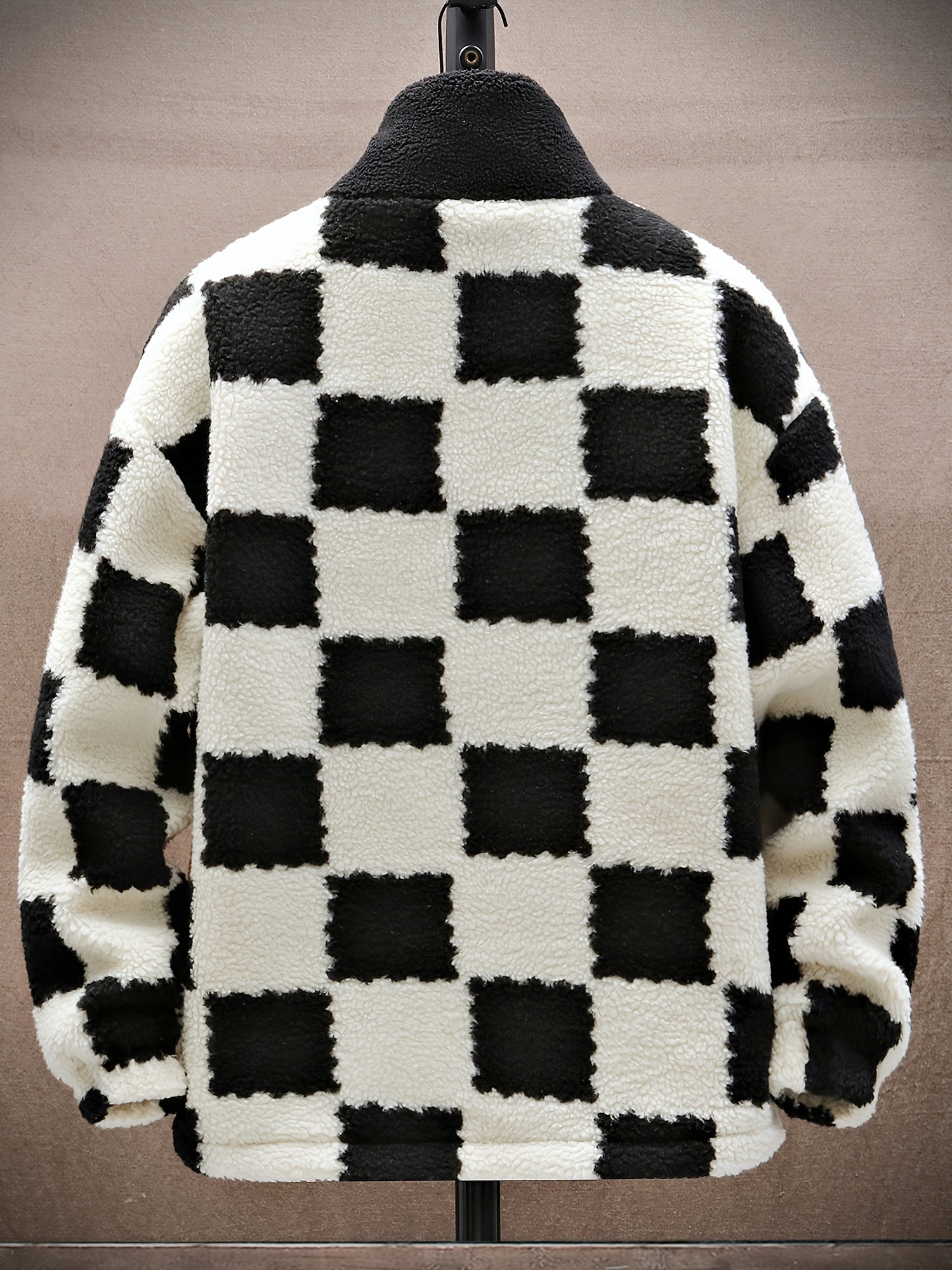 Men’s Blue & White Checkered Plush Winter Coat – Hooded Zip-Up Jacket