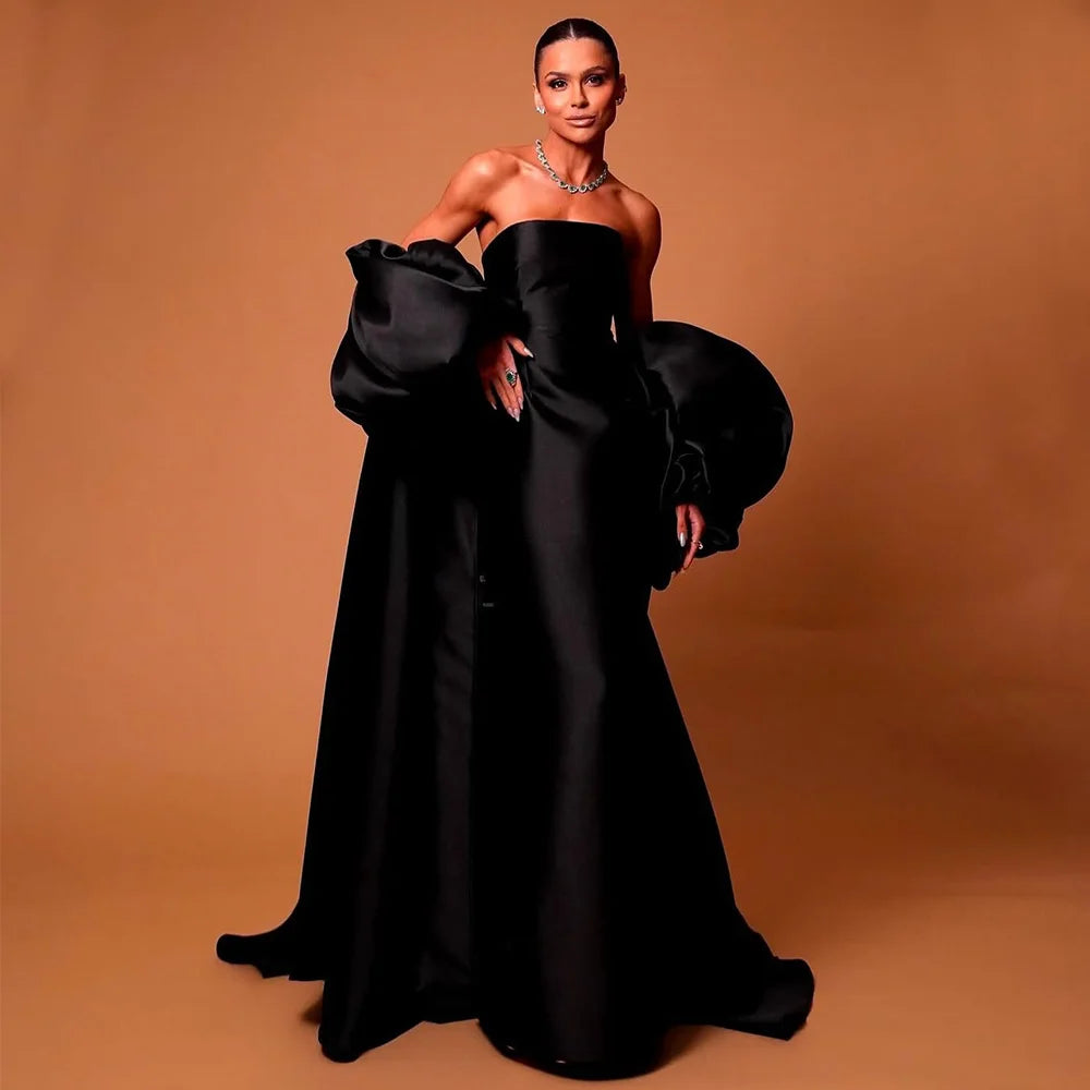 Elegant black satin evening dress with puffy sleeves wrap design formal party gown for prom and special events USA Canada 2025 fashion  