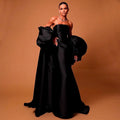 Elegant black satin evening dress with puffy sleeves wrap design formal party gown for prom and special events USA Canada 2025 fashion  