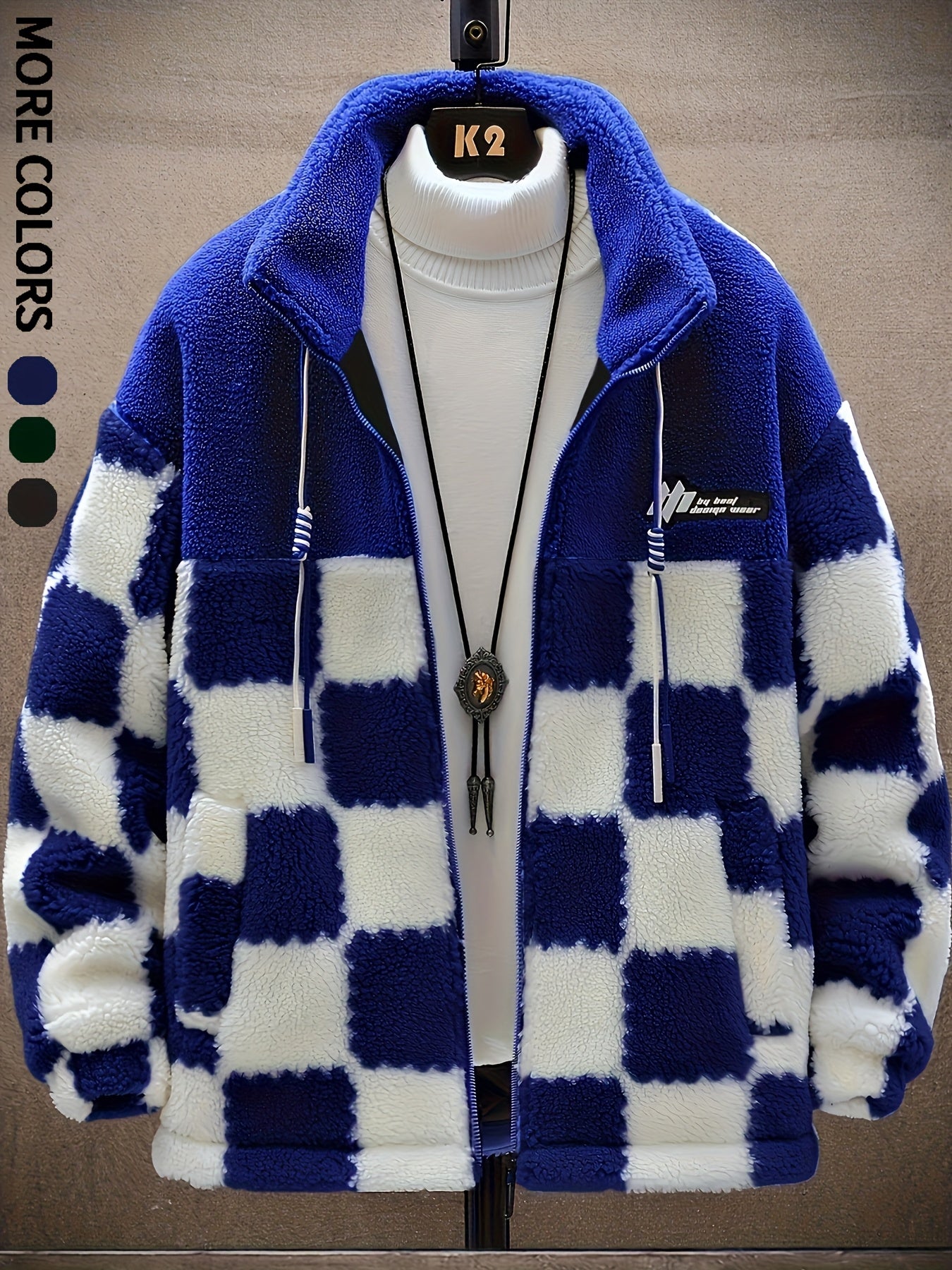 Blue white plush checkered winter coat mens loose fit zip up jacket with hood warm casual fall winter USA Canada.