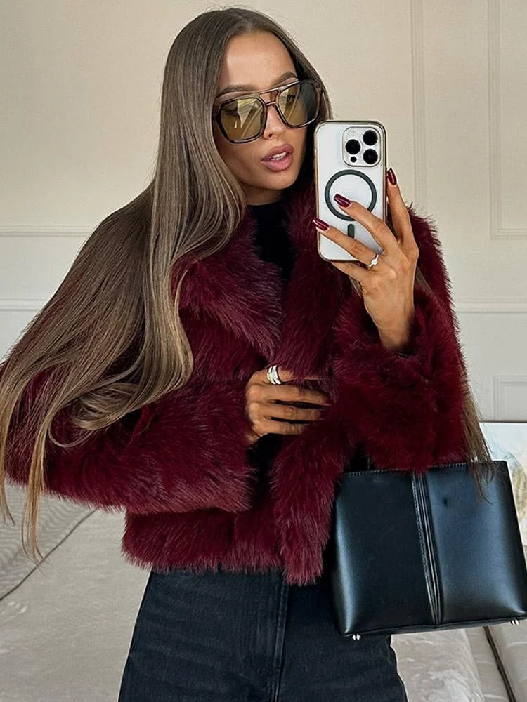 Burgundy faux fur coat for women with vintage style and warm furry texture perfect for autumn and winter fashion in USA and Canada 2024  