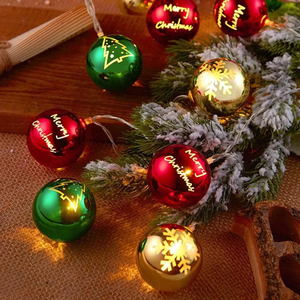 Multicolor LED Christmas ball ornament lights with 10 or 20 bulbs, ideal for indoor decoration on trees or dining tables during the holiday season.