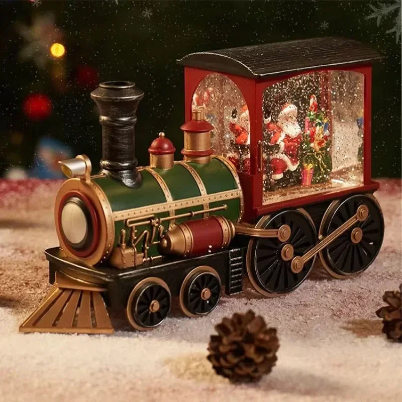 Festive Christmas crystal ball ornaments with bright LED lights featuring a Santa Claus train design, perfect for holiday home decoration and party ambiance.