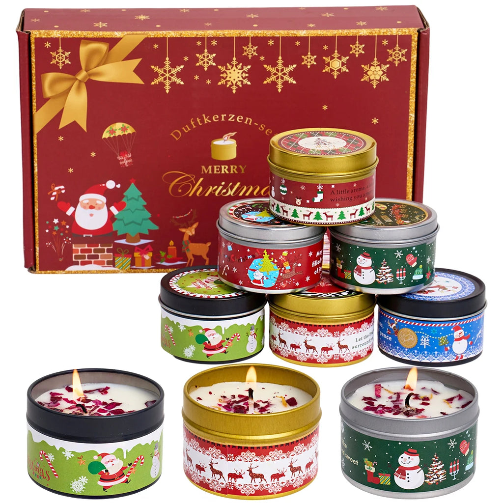 Christmas scented candle gift set with soy wax, floral decoration, and elegant jars ideal for aromatherapy and holiday gifting.