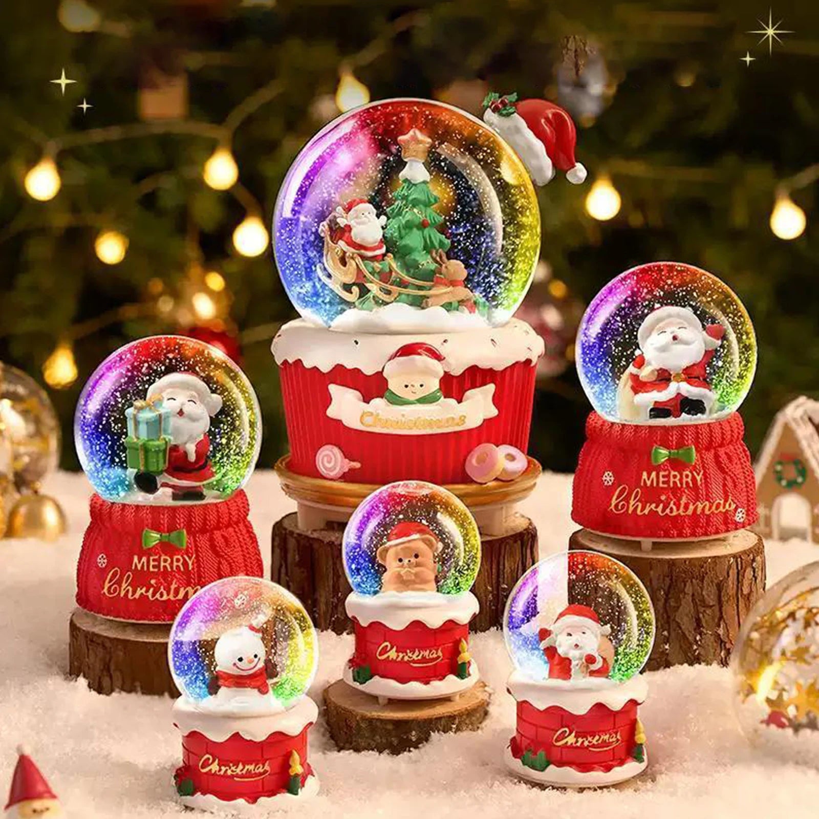 Christmas snow globe with Santa, 7-color LED lights, and music box – perfect festive gift or decoration