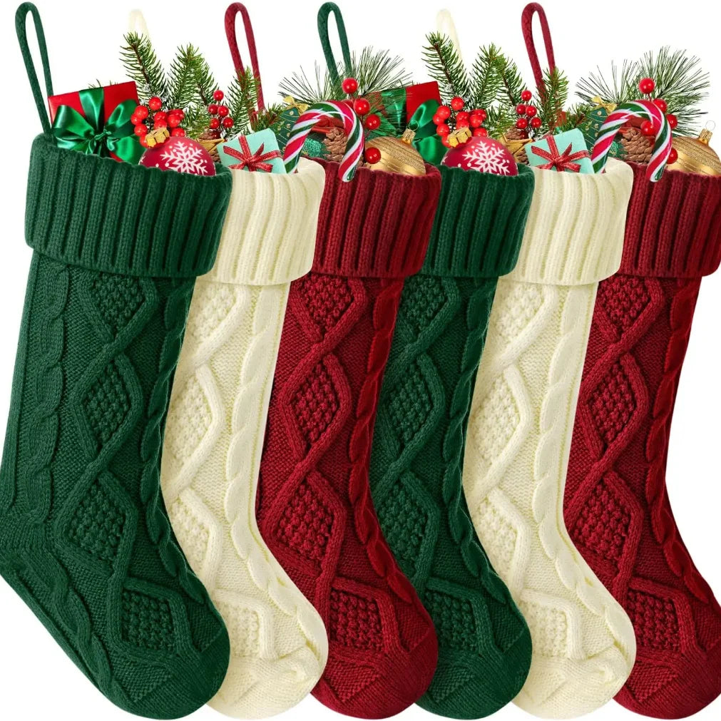 large size cable knit Christmas stockings for kids, perfect festive decorations for family holiday parties and Christmas home decor.