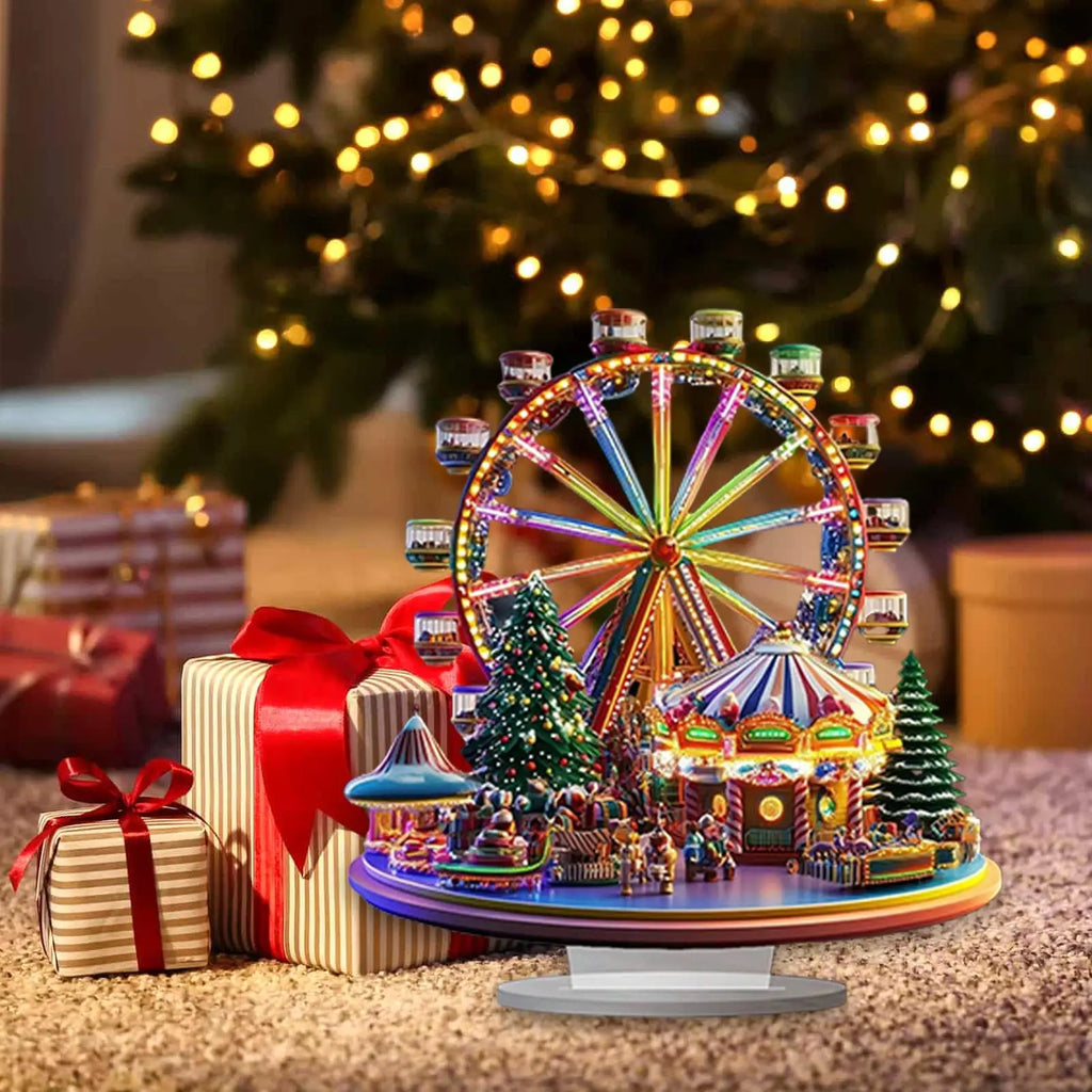 2D acrylic Christmas village Ferris wheel ornament, perfect for holiday home decor, festive displays, or seasonal office decoration.