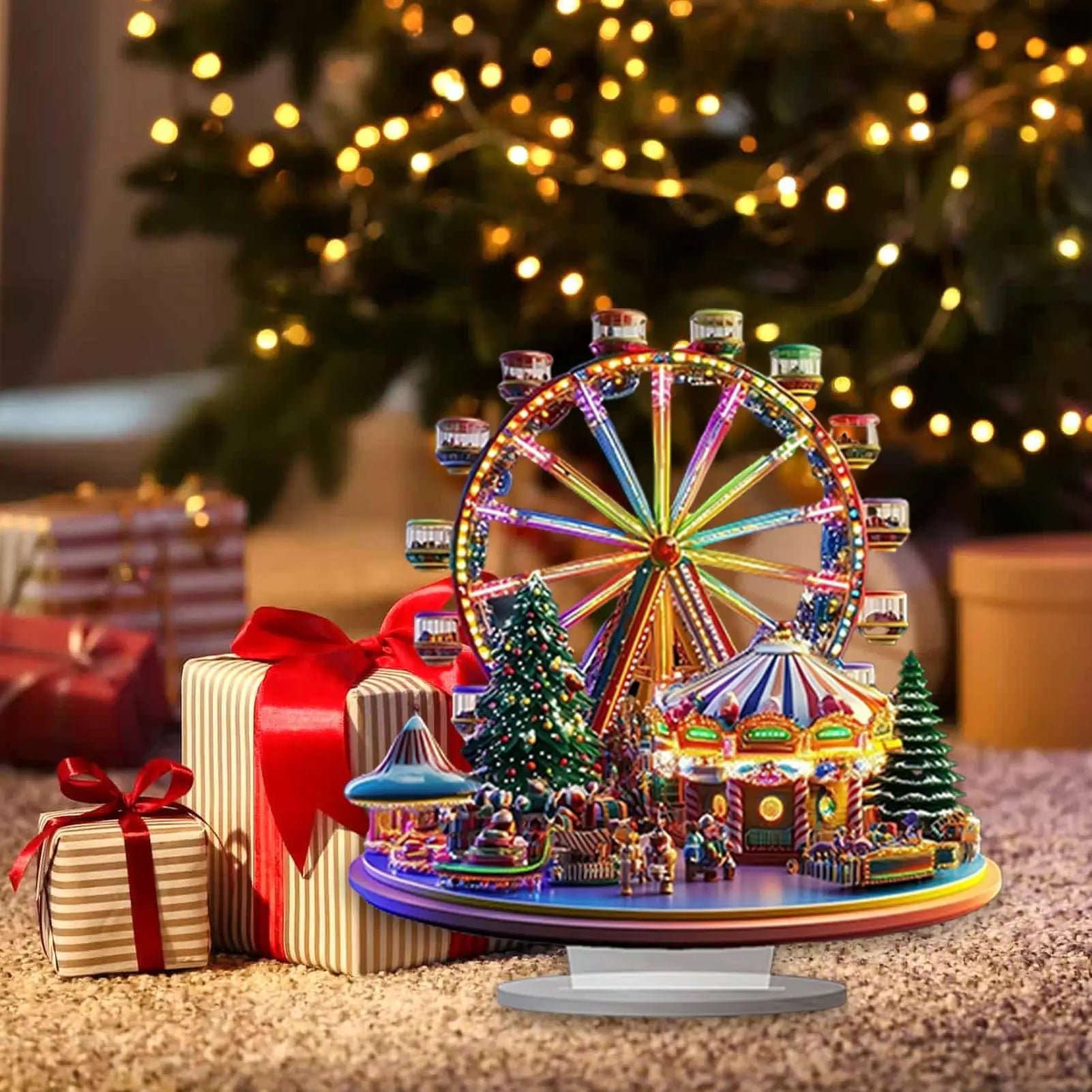 2D acrylic Christmas village Ferris wheel ornament, perfect for holiday home decor, festive displays, or seasonal office decoration.