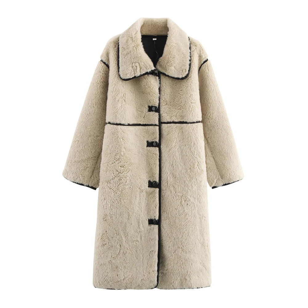 Women’s chic faux fur jacket with contrasting splicing design, perfect for stylish warmth during winter in the USA and Canada