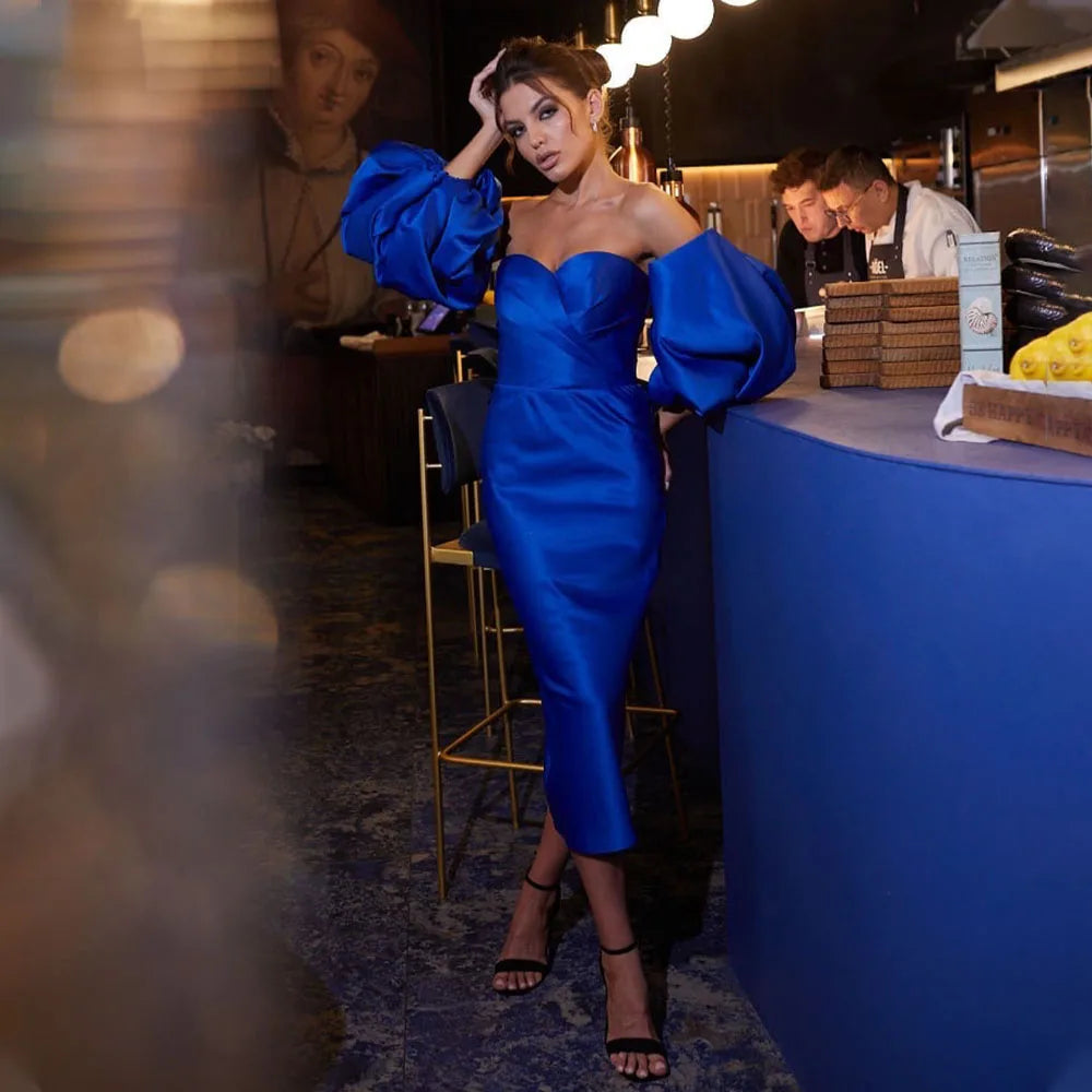 Dark blue satin cocktail dress with off shoulder sweetheart neckline and puff sleeves ideal for evening parties USA Canada.