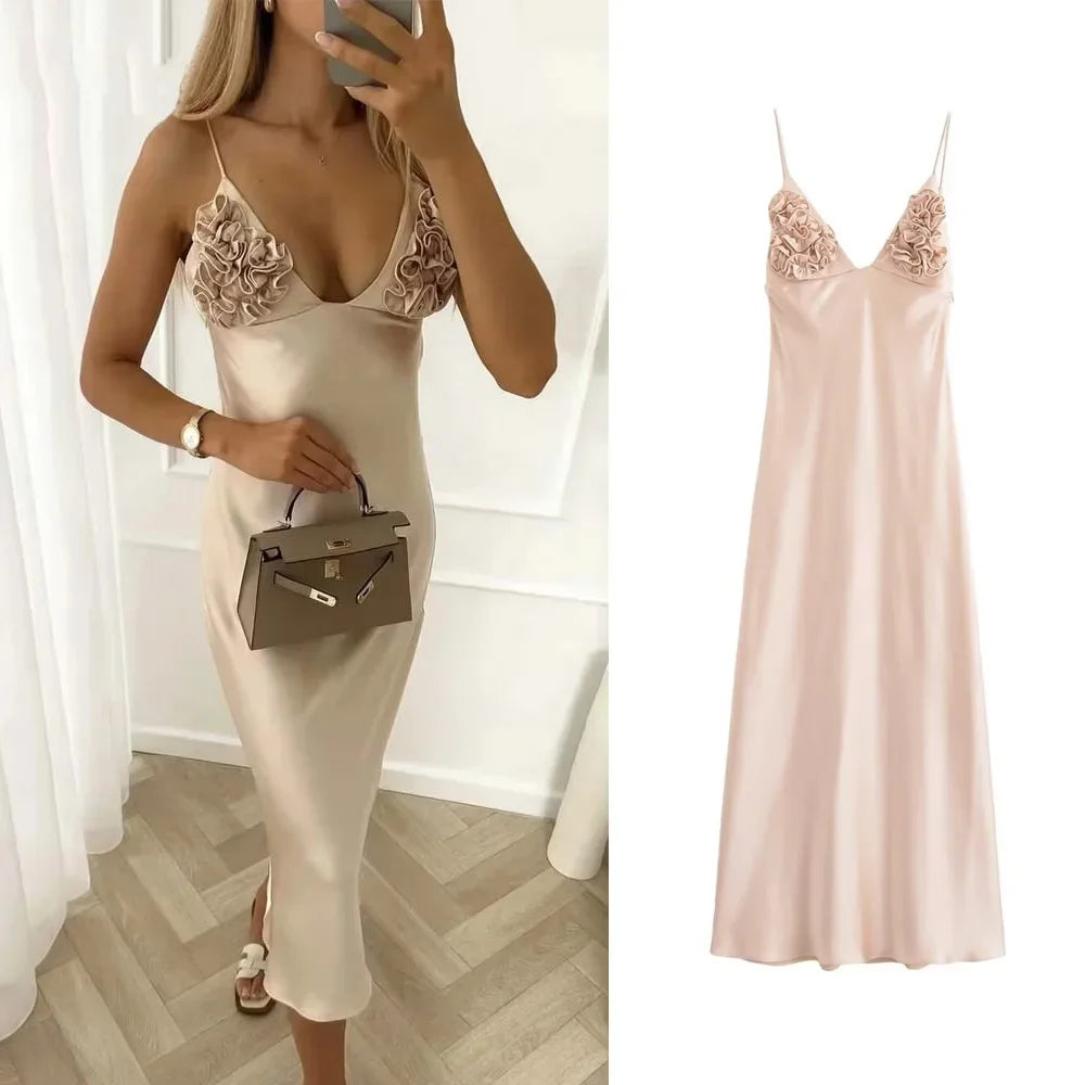 Elegant satin midi dress with ruched details and open back, perfect for summer 2025 parties and stylish evening occasions