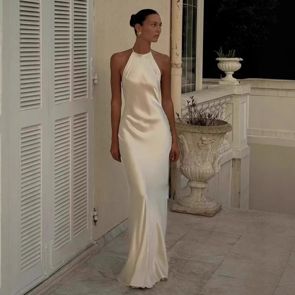 Elegant satin summer dress with sexy halter neck backless design slim long evening dress perfect for beach holiday party USA Canada.
