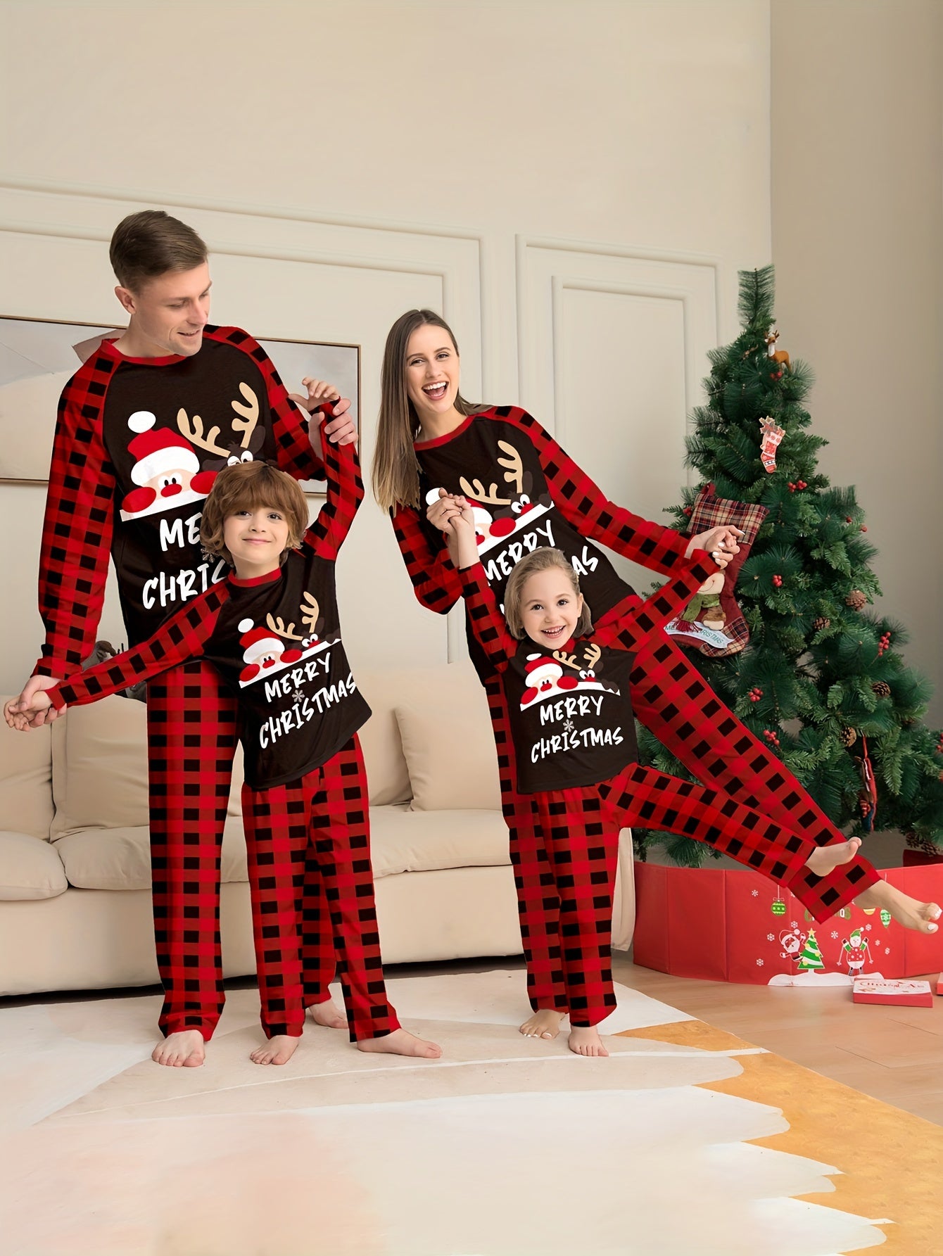 family matching christmas underwear set plaid print with deer and santa claus festive holiday casual outfits for parents and kids
