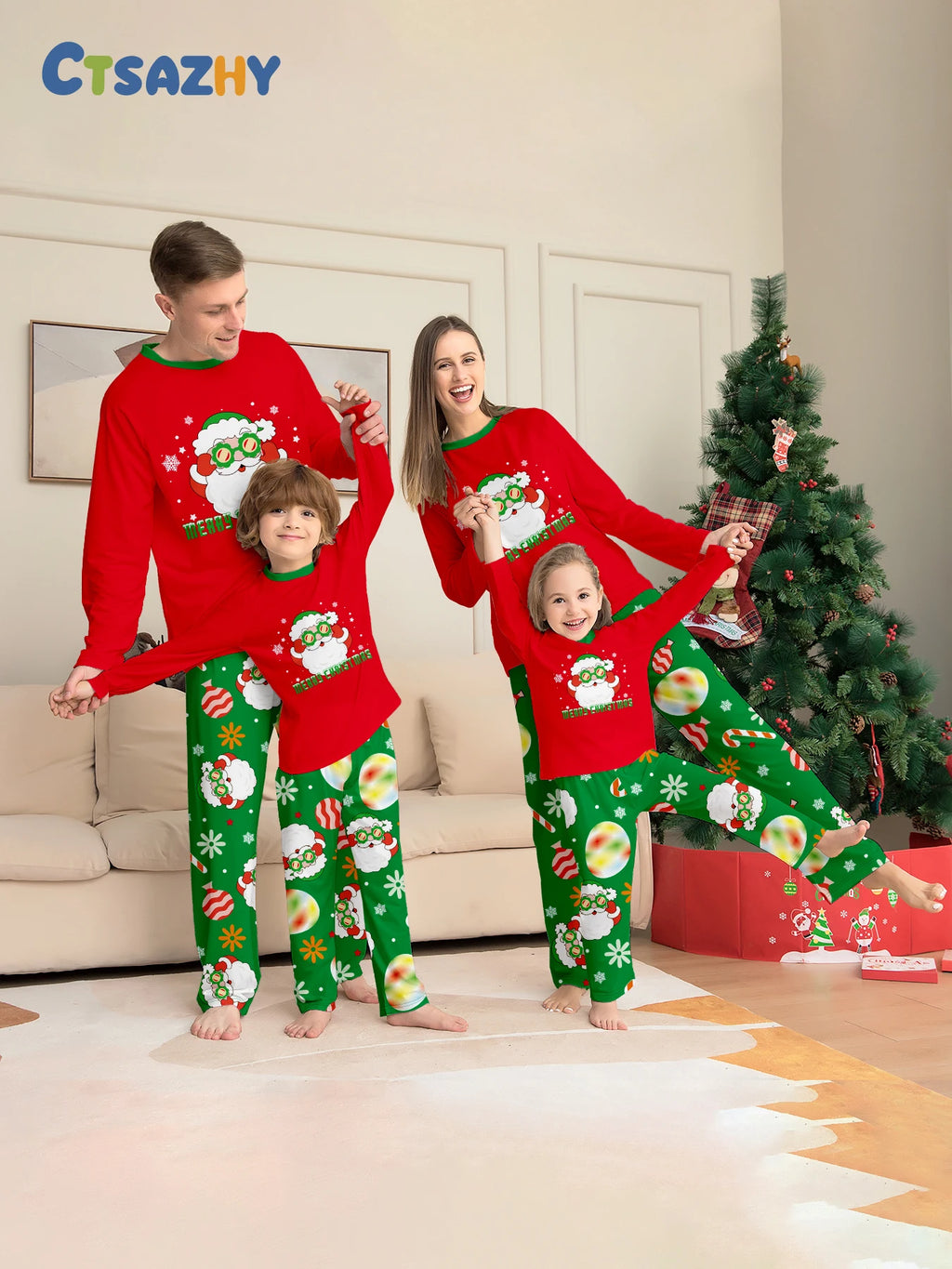 family matching xmas sleepwear set red santa printed tops green printed bottoms cozy festive holiday pajamas for family winter nights