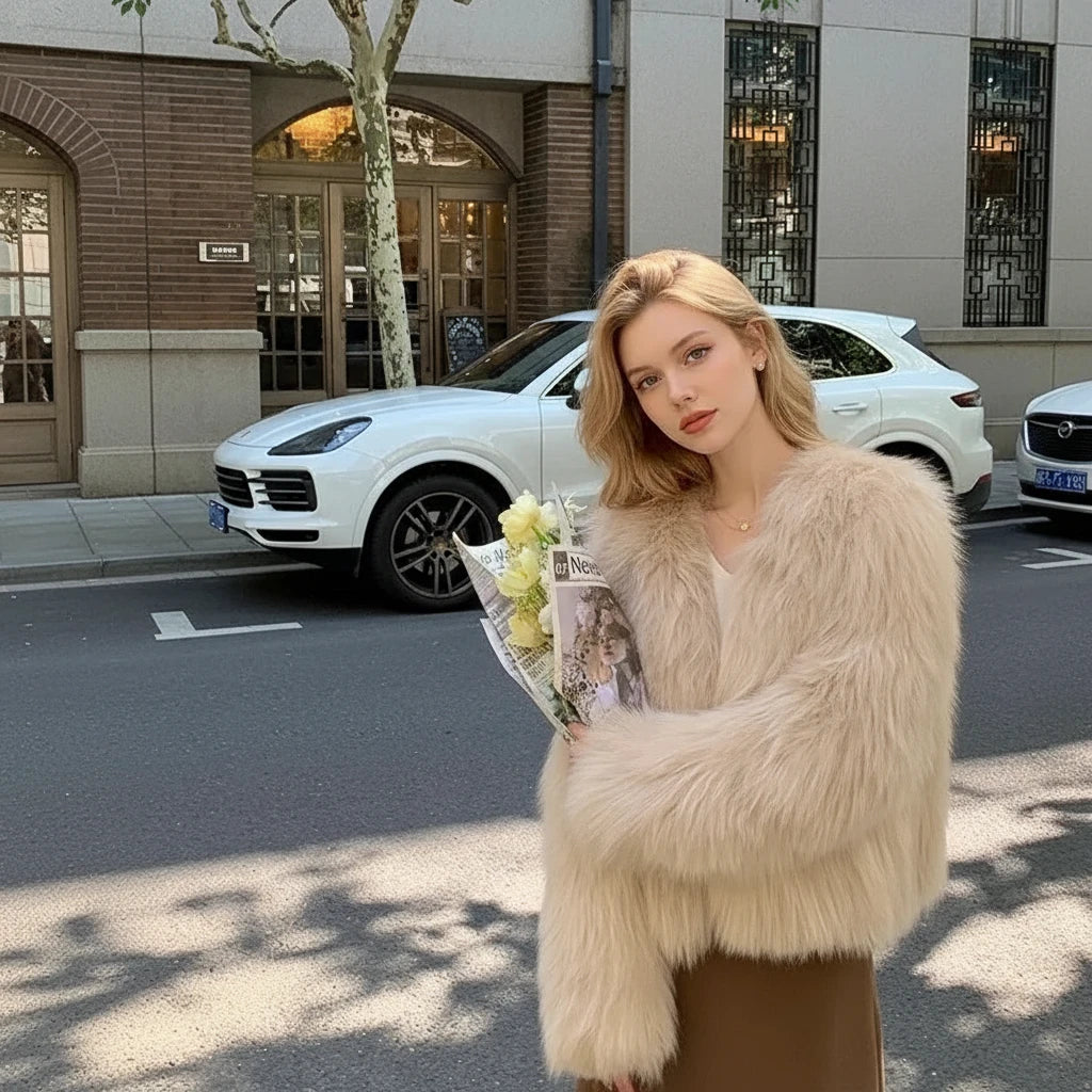 Fashionable short faux fur coat for women in 2025 with imitation fox fur and loose, comfortable fit perfect for winter style in the USA and Canada
